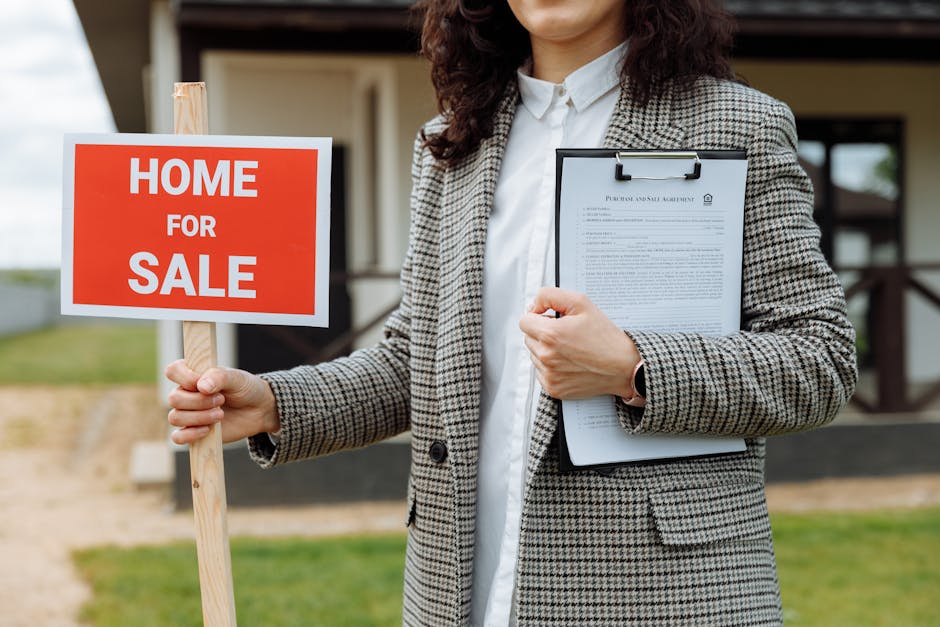 A real estate agent holding a home for sale sign and clipboard outside a property